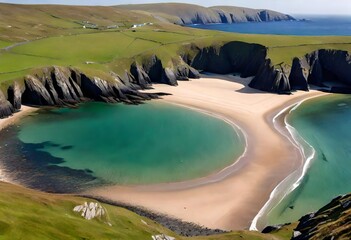 Silver Strand, a sandy beach in a sheltered, horseshoe-shaped bay, situated at Malin Beg, near Glencolmcille, in south-west County Donegal, Ireland. Generative ai - obrazy, fototapety, plakaty