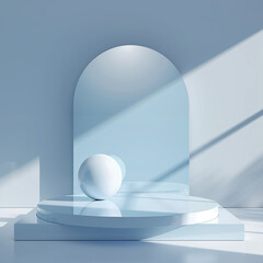 3d minimal podium light blue glass with reflex sunlight