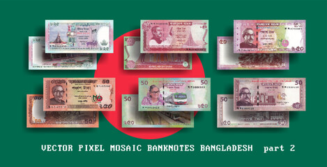 Vector set pixel mosaic banknotes of Bangladesh. Collection notes of 25, 40, 50 taka denomination. Obverse and reverse. Play money or flyers. Part 2