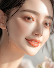 Fototapeta na wymiar photo high quality detail skin texture, beautiful face woman asian smiling glowing skin texture, high detail