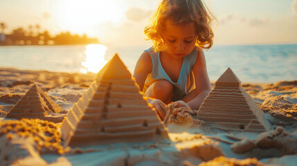 Travel to Egypt concept image with a kid doing a sand castle looking like Egyptian pyramids monument