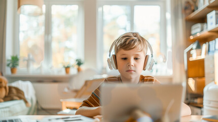 A young student engages with a laptop wearing headphones, likely participating in online learning at home, a modern shift in education - obrazy, fototapety, plakaty