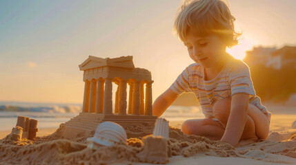 Travel to Greece concept image with a kid doing a sand castle looking like an ancient Greek temple monument on sunny beach - obrazy, fototapety, plakaty