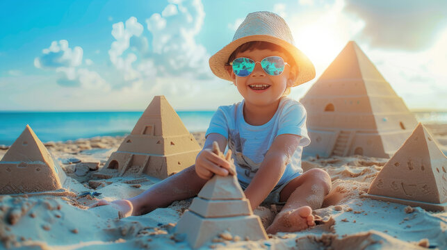Travel to Egypt concept image with a kid doing a sand castle looking like Egyptian pyramids monument
