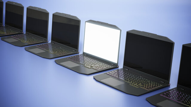 Generic gaming laptop computer with white screen stands out among other laptop PCs. 3D illustration
