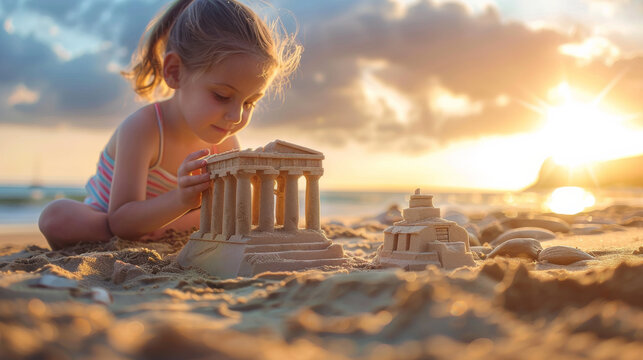 Travel to Greece concept image with a kid doing a sand castle looking like an ancient Greek temple monument on sunny beach