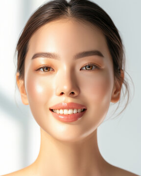 photo high quality detail skin texture, beautiful face woman asian smiling glowing skin texture, high detail