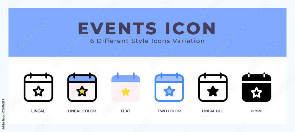 Poster Events icon set with different styles. Icons designed in filled. outline. flat. glyph and line colored.