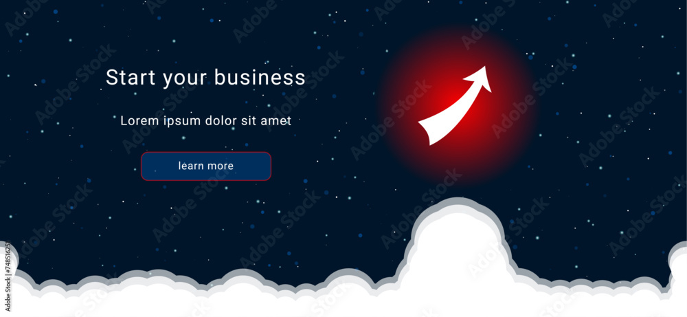 Aufkleber business startup concept landing page screen. the up arrow on the right is highlighted in bright red