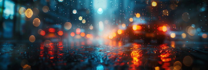 Intense Rain on Urban Road with Bokeh Lights