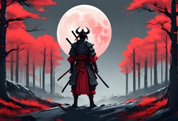 Futuristic Samurai standing backwards in a night grey forest with a big red moon in the background, Panorama landscape scene, illustration art style painting. Generative Ai