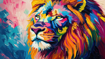 Colorful painting of a big lion head, beautiful, abstract background
