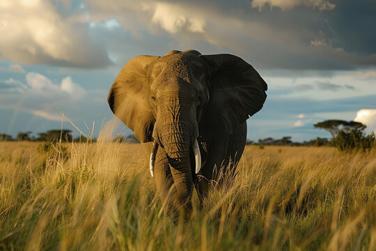 majestic elephant at sunset, AI generated
