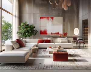 Contemporary Living Room in Gray and Red