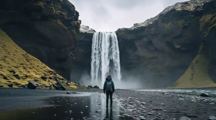 Papier Peint photo Lavable Europe du nord Rear view of a tourist standing and looking at a Beautiful Waterfall. Iceland's Nature, Travel, Summer Holidays, Lifestyle Concepts.