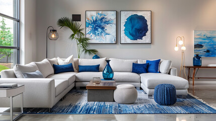 Living Room with Dynamic Blue Accents