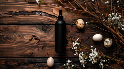 Top view of a black bottle of cosmetics on a wooden background, Easter.