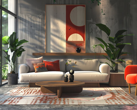 Contemporary Living Room in Gray and Red