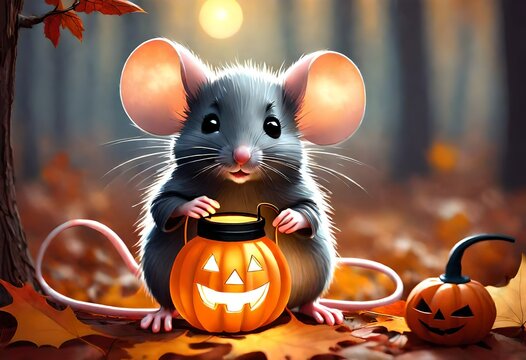 cute little mouse with a Halloween lantern in an autumn forest. Generative ai