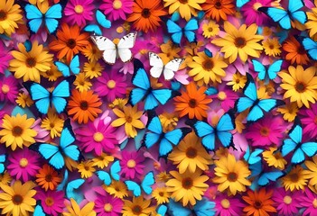 Fototapeta na wymiar Top of view Colorful flowers with many butterflies looping scene. AI Generative 