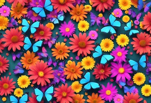 Top of view Colorful flowers with many butterflies looping scene. AI Generative 