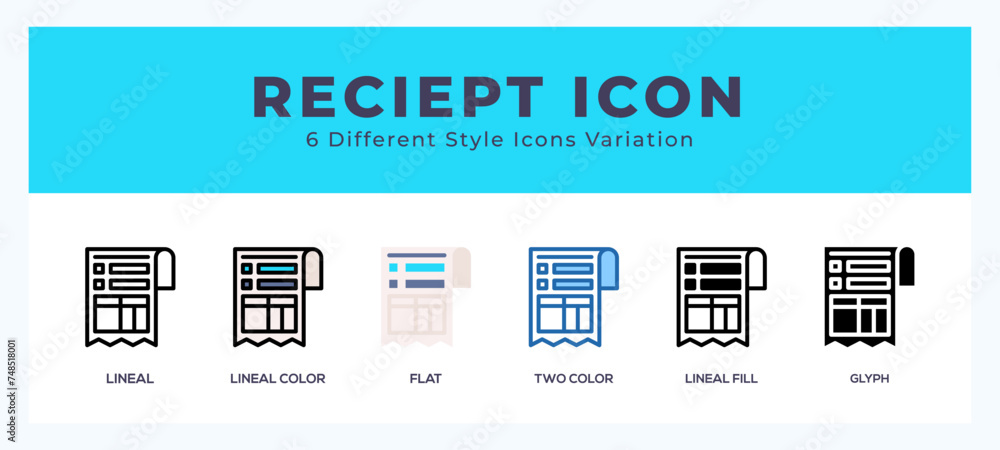 Poster receipt icon set with different styles. icons designed in filled. outline. flat. glyph and line colo