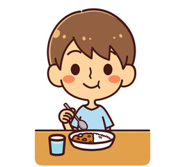 カレーを食べる男の子　イラスト素材