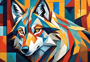 a cubist style, art deco, abstract painting of a  wolf canine. Bright colors.