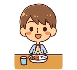 いただきますをする男の子　カレー　イラスト素材