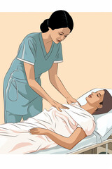 Obraz premium A nurse is providing care and assistance to a woman lying in a hospital bed. The nurse can be seen monitoring the patients condition and providing comfort and support