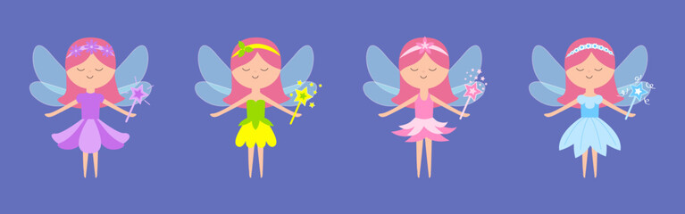 Fairy little princess with wings. Paper doll set line. Different flower dress set. Hair decoration, magic wand. Cute cartoon kawaii funny magic character. Flat design. Violet background. Isolated. © worldofvector