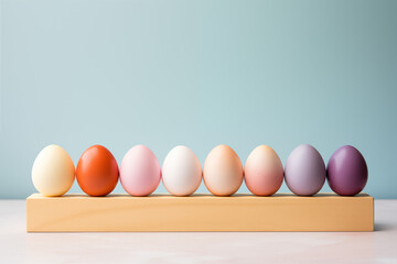 ligne d'œufs sur un présentoir colorés à l'encre pour préparer les œufs décorés de Pâques. vieille tradition de la fin du carême chrétien. Fond bleu avec espace négatif pour texte copyspace - obrazy, fototapety, plakaty