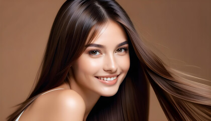Smiling model woman with shiny brown smooth healthy hair with long straight and shining natural beauty smooth skin. For care and hair products.