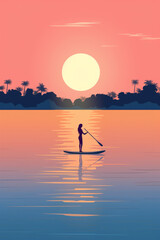 A person is standing on a paddle board, gliding across a body of water. The individual is maneuvering the paddle to steer and propel the board forward