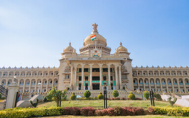Fototapeta na wymiar Vidhana Soudha is a building in Bangalore, India which serves as the seat of the state legislature of Karnataka. 