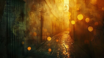 Naklejka premium Depict the silent eloquence of a deserted alley at twilight, whispered secrets in golden bokeh