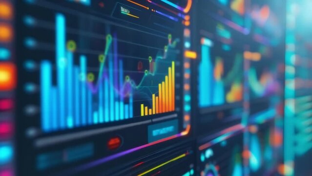 A detailed shot of a computer screen filled with colorful bar graphs and line charts representing data visualization and ysis within a manufacturing environment.