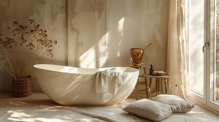 Freestanding bathtub in a serene bathroom with natural light, wooden accents, and dried plants. A tranquil spa-like home retreat with a minimalist design