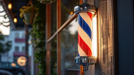 Barber pole hanging in front of barbershop