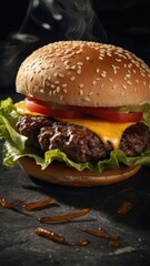 Close-up of cheeseburger on sesame seed bun