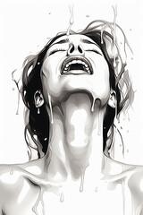 This drawing depicts a woman with her mouth open, possibly in a state of surprise or shock. There are tears of joy streaming down her face