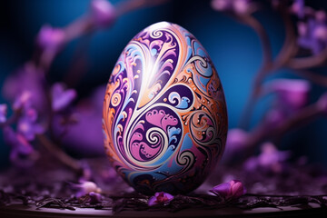 magnifique œuf de Pâques artistiquement décoré à la peinture, avec des motifs arabesques colorés, sur fond violet à discret motif floral