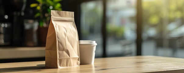 Blank packaging raft paper bag on wooden table with coffee cup - obrazy, fototapety, plakaty