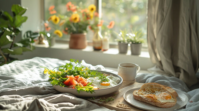 Healthy breakfast in bed with a sunny side up egg, fresh salad, toast, and tea, bathed in morning light with indoor plants and flowers by the window