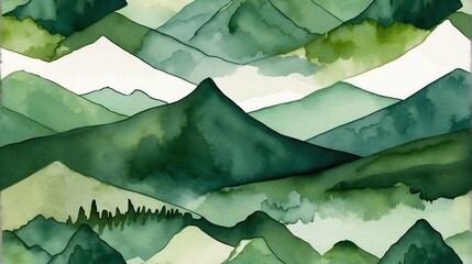 Green mountain ranges hand painted watercolor design background pattern from Generative AI