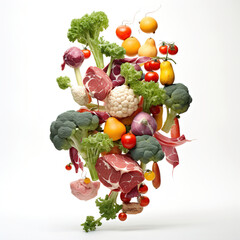 Various vegetables and meat flying in the air chaotically. White isolated food design elements.