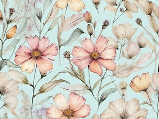 Pastel dried flowers light watercolor design background in seamless repeating pattern from Generative AI