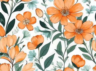 Pastel orange flowers light watercolor design background in seamless repeating pattern from Generative AI