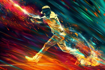 Abstract background of Baseball Player on Dynamic stride vibrant Light, energy and motion