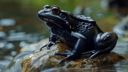 Closeup of a glossy black bullfrog perched on a rock its throat expanding as it lets out a deep resonant croak amplified by the echoes